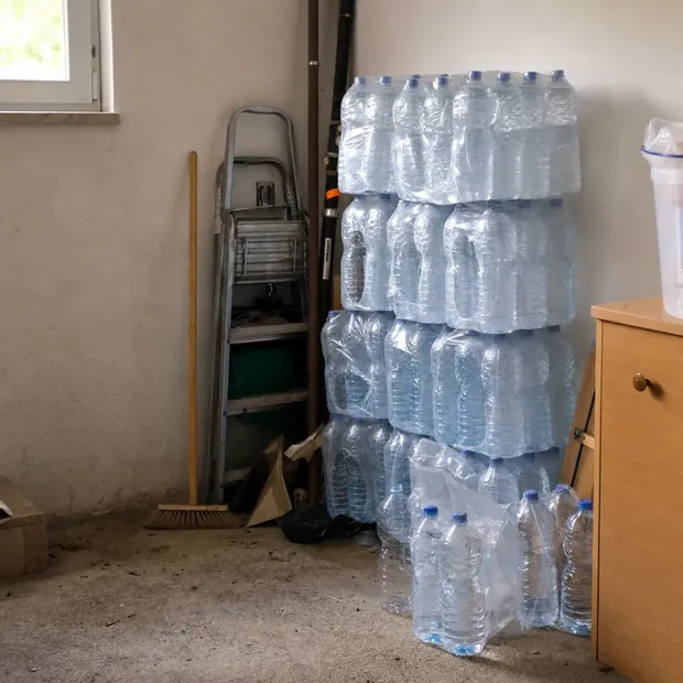 Casse d'acqua accatastate contro il muro di un ripostiglio