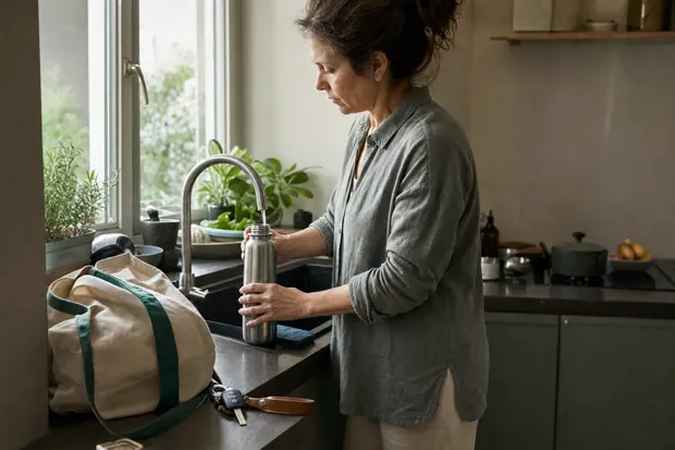 Una donna riempie la borraccia al rubinetto della cucina prima di uscire