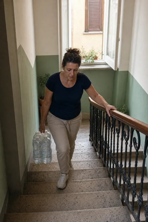 Una donna sale le scale di casa con le bottiglie d'acqua in mano